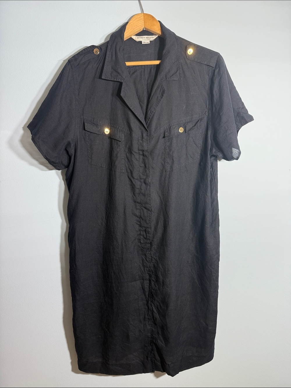 Marina Rinaldi Pure Linen Midi Dress Black Gold Button Accent Size XL Italy